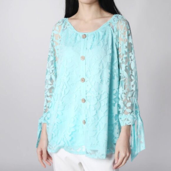 Nina Leonard Tops - Nina Leonard 3/4 Tie Sleeve Button Front Top Size Large Robins Egg (Blue) NWOT
